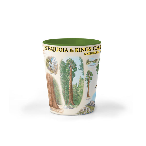 Sequoia & Kings Canyon National Parks Map Ceramic shot glass by Xplorer Maps. The map features illustrations of the Giant Forest, Mount Whitney, and the John Muir Lodge. Flora and fauna include mule deer, red fox, Sierra Purple shooting star flowers, and California poppy.