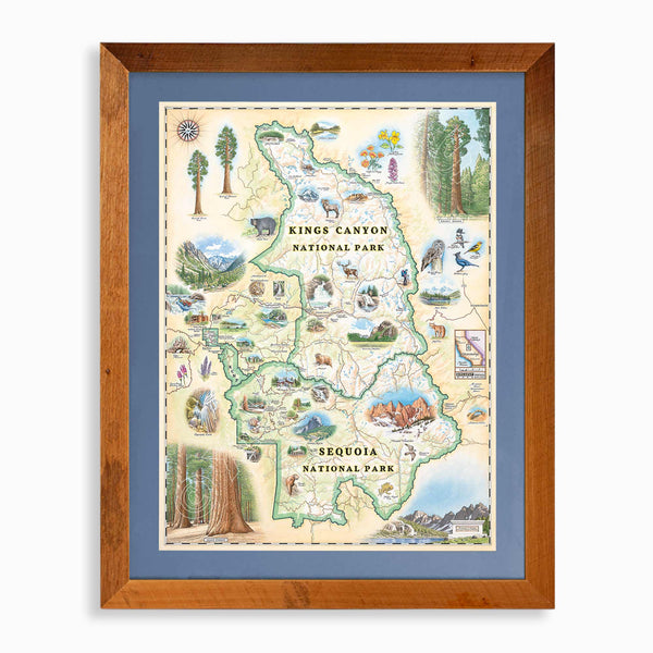 Sequoia & Kings Canyon National Parks hand-drawn map in earth tones blues and greens. The map print is framed in reclaimed Montana Flathead Lake Larch with a blue mat. 