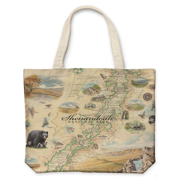 Shenandoah National Park Map Canvas Tote Bags by Xplorer Maps. The map includes illustrations of places such as Skyline Drive, Byrd Visitor Center, and Big Meadows Lodge. Flora and fauna include bobcats, wild turkeys, trillium flowers, and a dogwood tree.