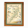 Shenandoah National Park hand-drawn map in earth tones blues and greens. The map print is framed in reclaimed Montana Flathead Lake Larch with a green mat.