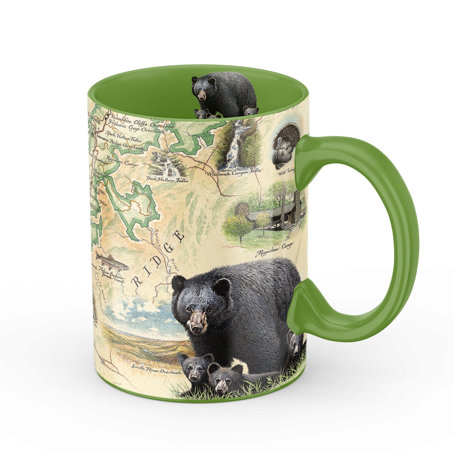 Green Shenandoah National Park Coffee Mug featuring the Blue Ridge Mountains, black and cubs, wild Turkey, Waterfalls, and more! 16 oz 