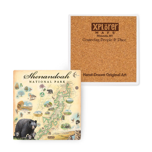 4"x4" Shenandoah National Park Map Ceramic Coasters by Xplorer Maps. The map includes illustrations of places such as Skyline Drive, Byrd Visitor Center, and Big Meadows Lodge. Flora and fauna include bobcats, wild turkeys, trillium flowers, a dogwood tree, and a black bear with cubs. 