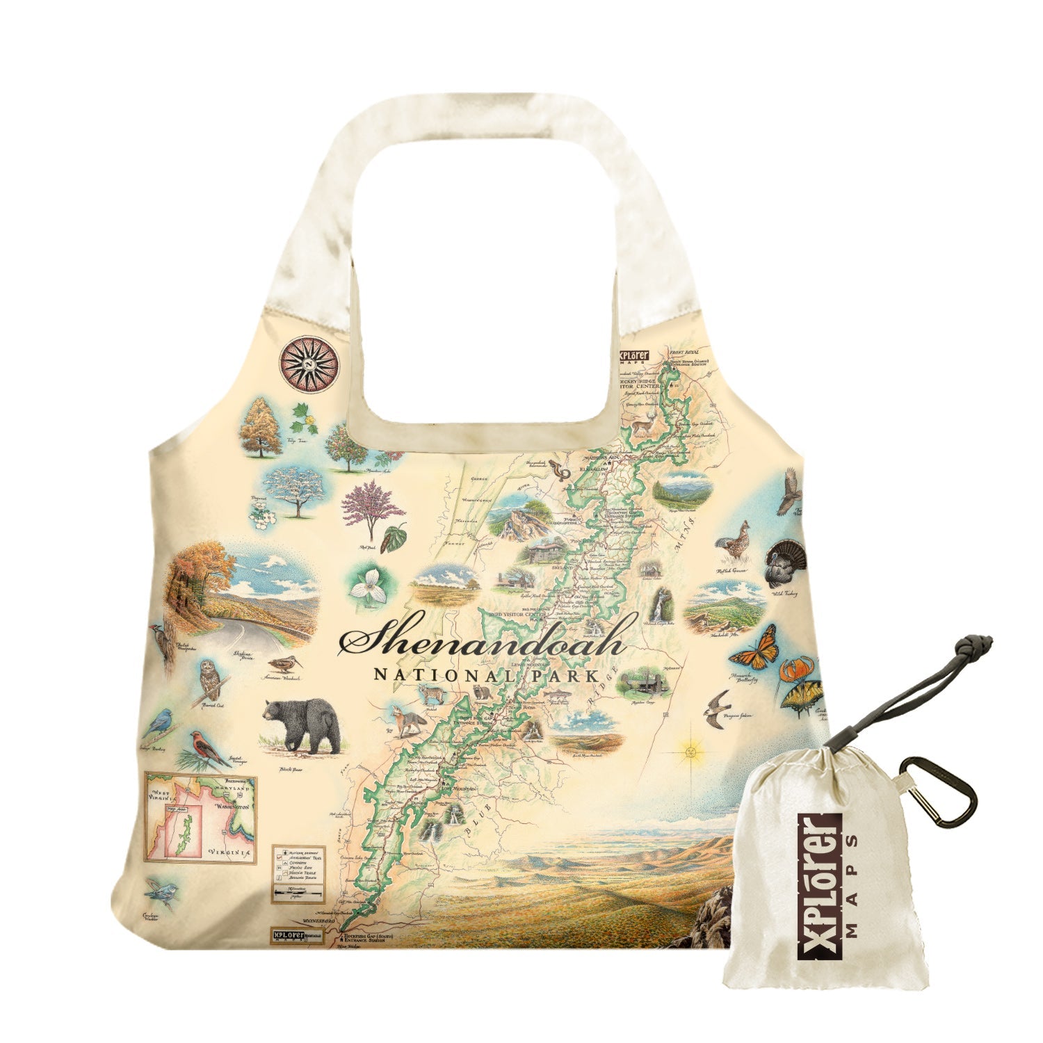 Shenandoah National Park Map Pouch Tote Bags by Xplorer Maps. The map includes illustrations of places such as Skyline Drive, Byrd Visitor Center, and Big Meadows Lodge. Flora and fauna include bobcats, wild turkeys, trillium flowers, and a dogwood tree.