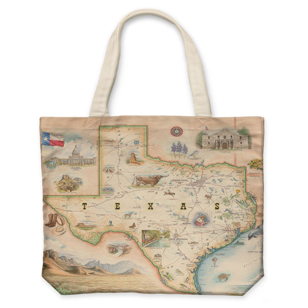 Texas State Map Canvas Tote Bags by Xplorer Maps. The map features illustrations of places such as the Alamo, San Antonio Riverwalk, and Guadalupe National Park. Flora and fauna include Venus flytraps, longhorns, Monarch butterflies, and armadillos.