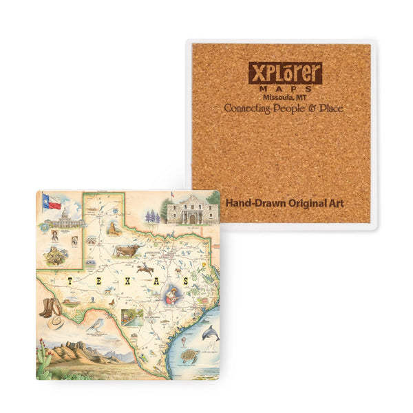 4"x4" Texas State Map Ceramic Coasters by Xplorer Maps. The map features illustrations of places such as the Alamo, San Antonio Riverwalk, and Guadalupe National Park. Flora and fauna include Venus flytraps, longhorns, Monarch butterflies, and armadillos.