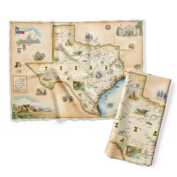 Texas State Map Kitchen Towels in earth tones brown and beige. The map features illustrations of places such as the Alamo, San Antonio Riverwalk, and Guadalupe National Park. Flora and fauna include venus flytraps, longhorns, Monarch butterflies, and armadillos. 