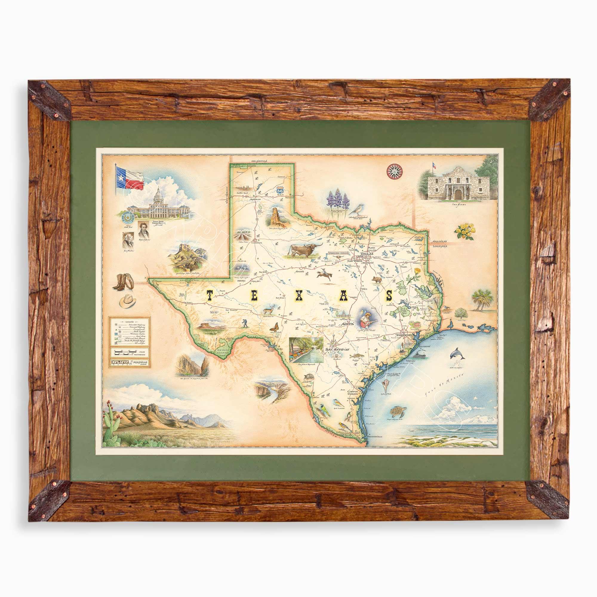 Texas state hand-drawn map in earth tones blues and greens. The map print is framed in Montana hand-scraped pine with a green mat.