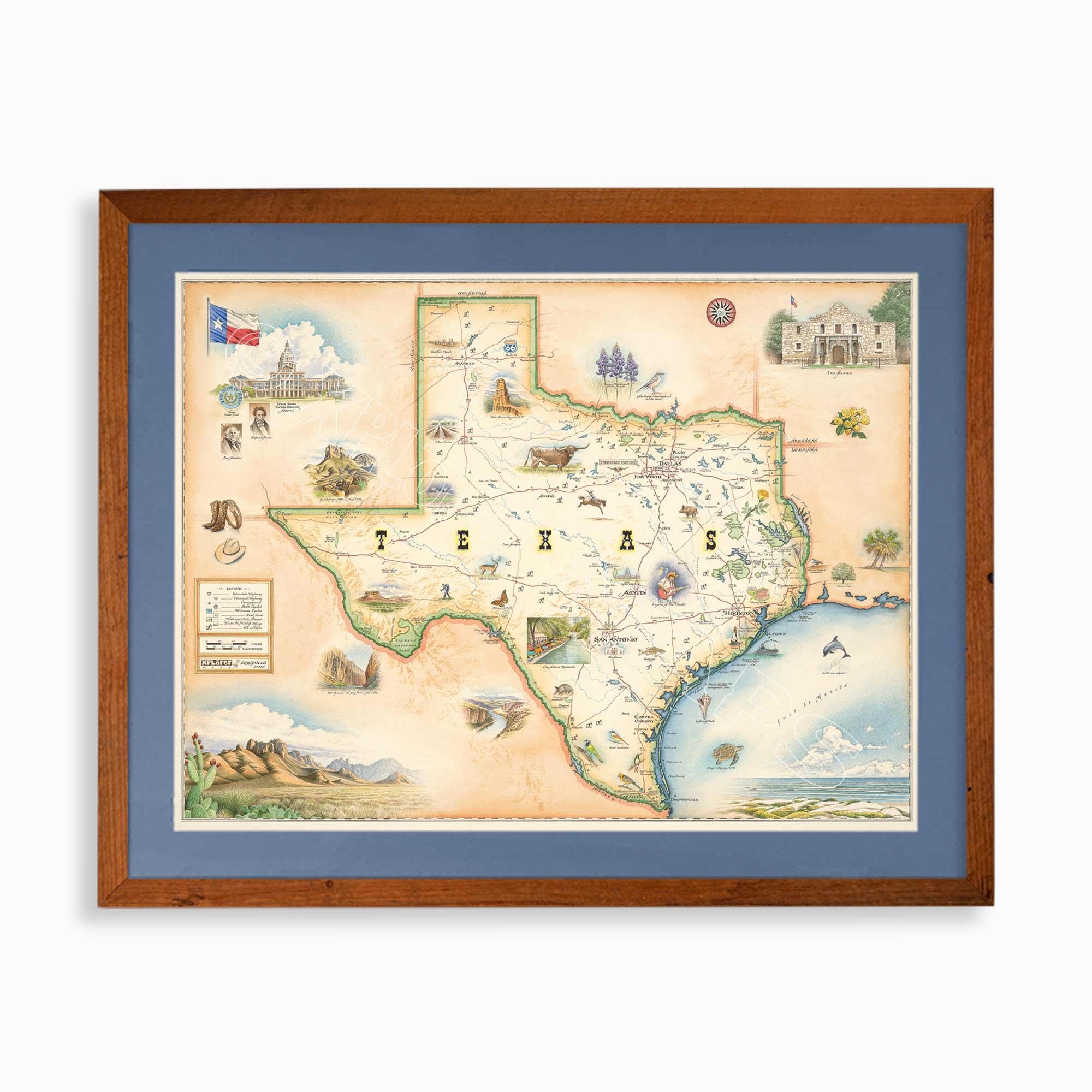 Texas state hand-drawn map in earth tones blues and greens. The map print is framed in reclaimed Montana Flathead Lake Larch with a blue mat. 