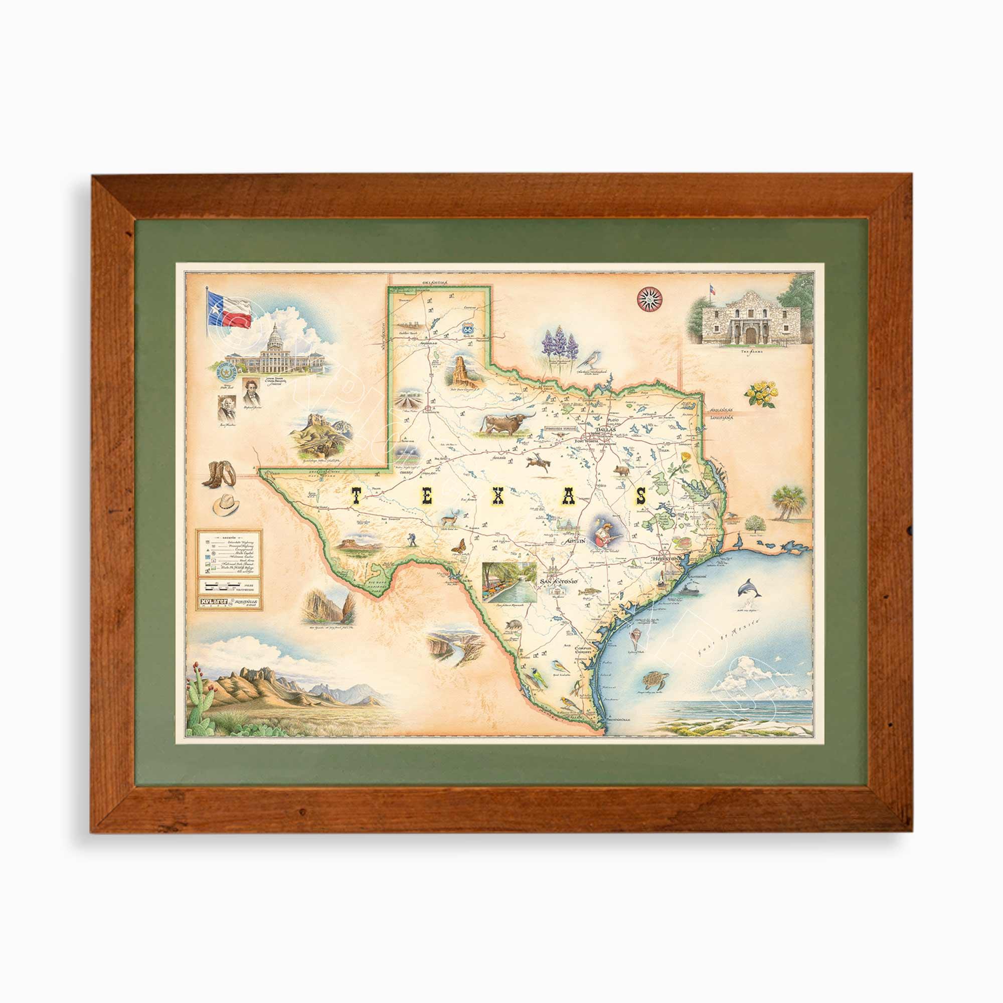 Texas state hand-drawn map in earth tones blues and greens. The map print is framed in reclaimed Montana Flathead Lake Larch with a green mat.
