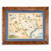 Texas State hand-drawn map in earth tones blues and greens. The map print is framed in Montana hand-scraped pine with a blue mat.
