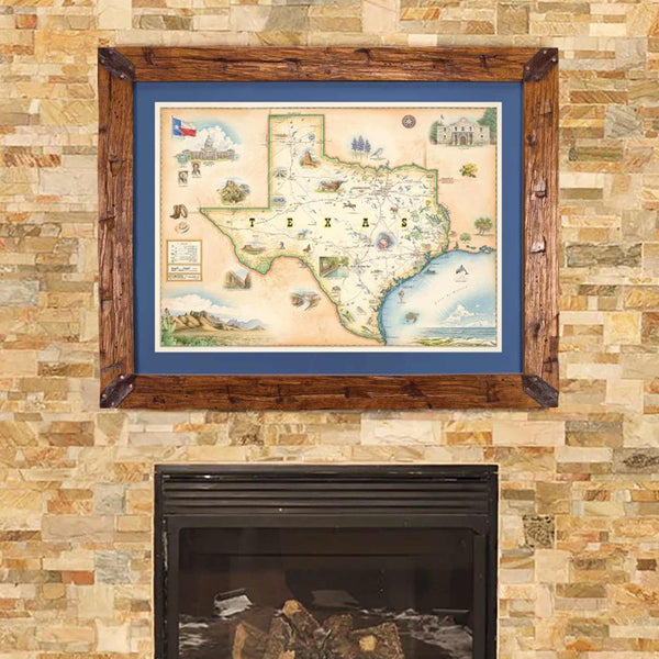 Xplorer Maps state map of Texas hangs on a brick wall above a fireplace.