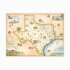 Texas state hand-drawn map in earth tones brown and beige. The map features illustrations of places such as the Alamo, San Antonio Riverwalk, and Guadalupe National Park. Flora and fauna include venus flytrap, longhorns, Monarch butterfly, and armadillo. Measures 24x18."