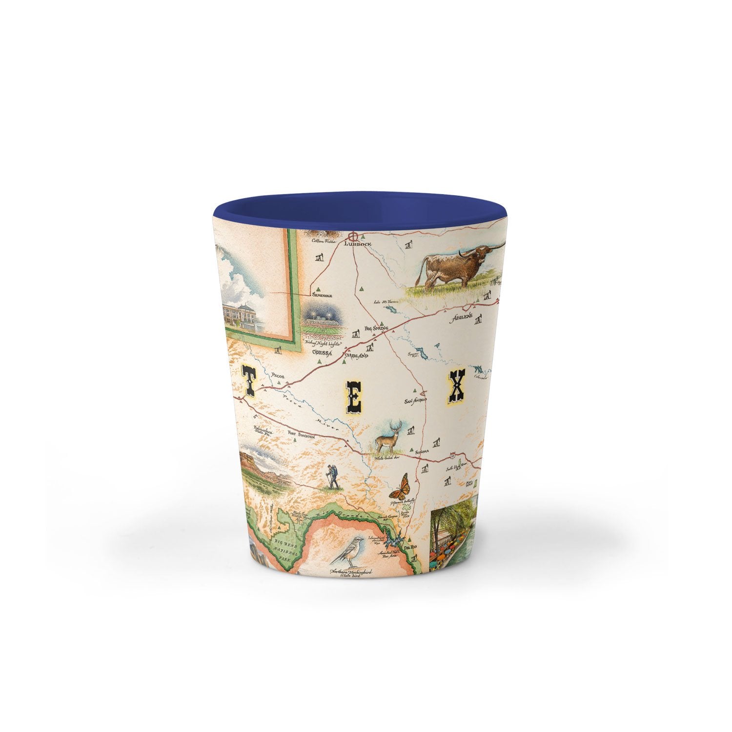 Texas State Map Ceramic shot glass by Xplorer Maps. The map features illustrations of places such as the Alamo, San Antonio Riverwalk, and Guadalupe National Park. Flora and fauna include Venus flytraps, longhorns, Monarch butterflies, and armadillos.