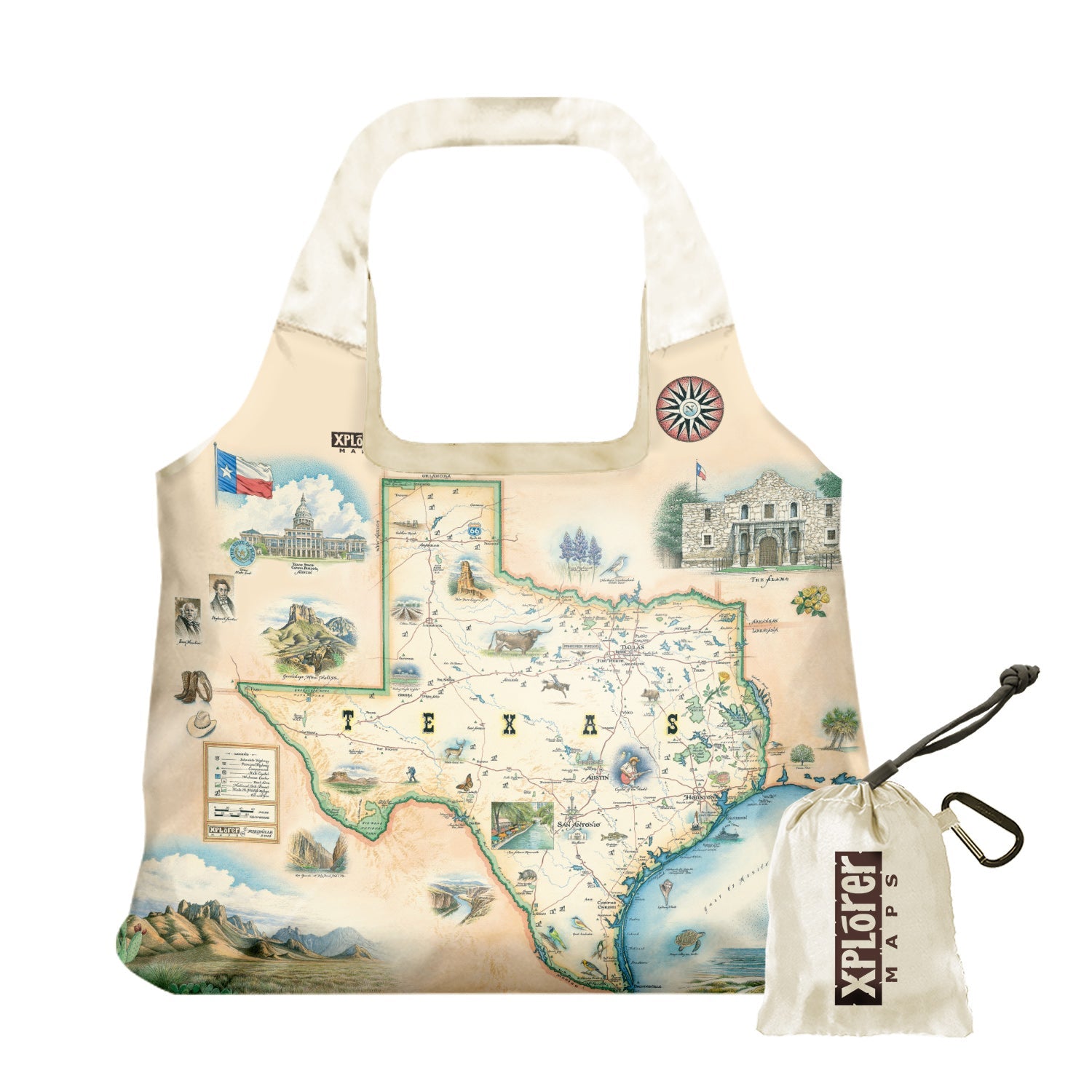 Texas State Map Pouch Tote Bags by Xplorer Maps. The map features illustrations of places such as the Alamo, San Antonio Riverwalk, and Guadalupe National Park. Flora and fauna include Venus flytraps, longhorns, Monarch butterflies, and armadillos.