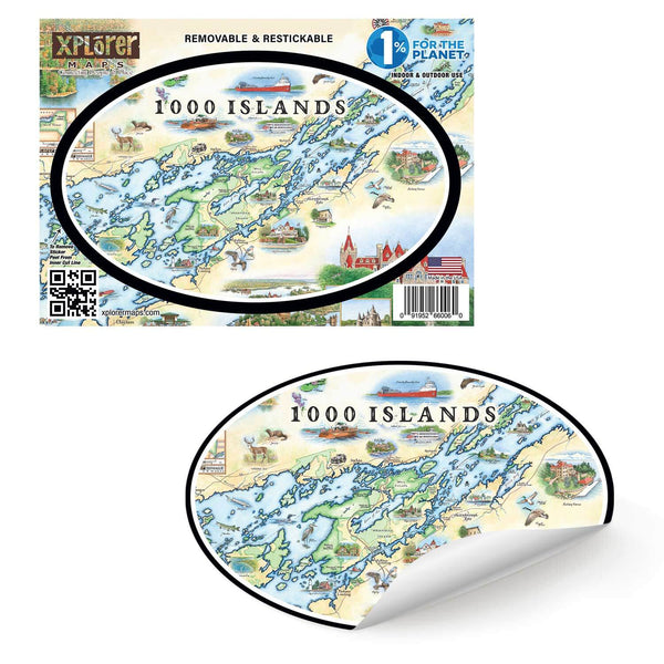 1000 Islands Map Stickers by Xplorer Maps in natural blues, green, and beige colors. Map features Bolt Castle and Singer Castle as well as flora a fauna such as blue herons, whitetail deer, and mink.