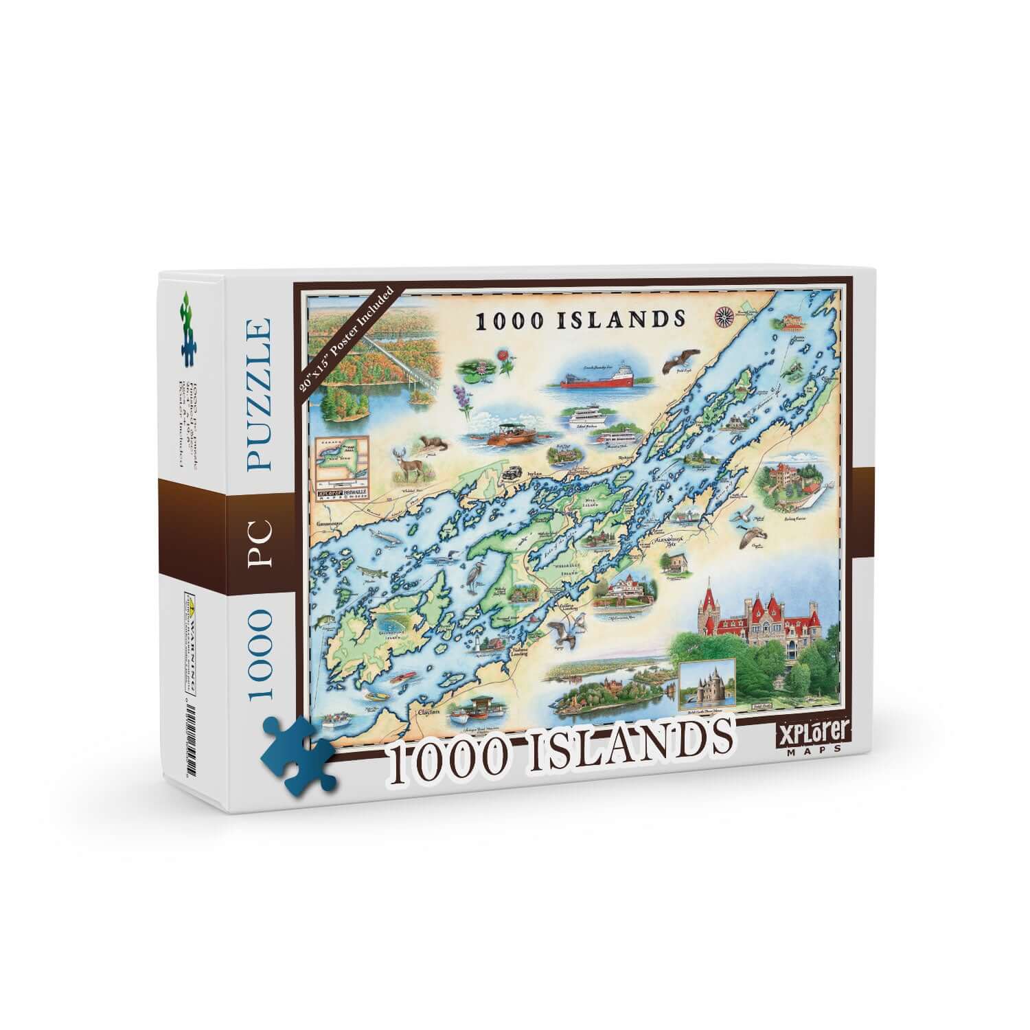 1000-piece art puzzles of 1000 Islands Map is an exact replicas of our unique, hand-illustrated artistic map. Featuring Bolt Castle.