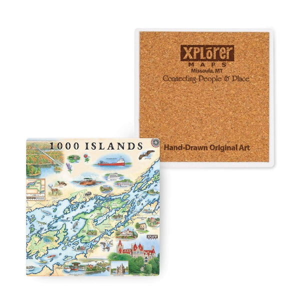 1000 Islands Map Ceramic Coasters in natural blues, green and beige colors. Map features Bolt Castle and Singer Castle as well as flora a fauna such as blue herons, whitetail deer, and mink.