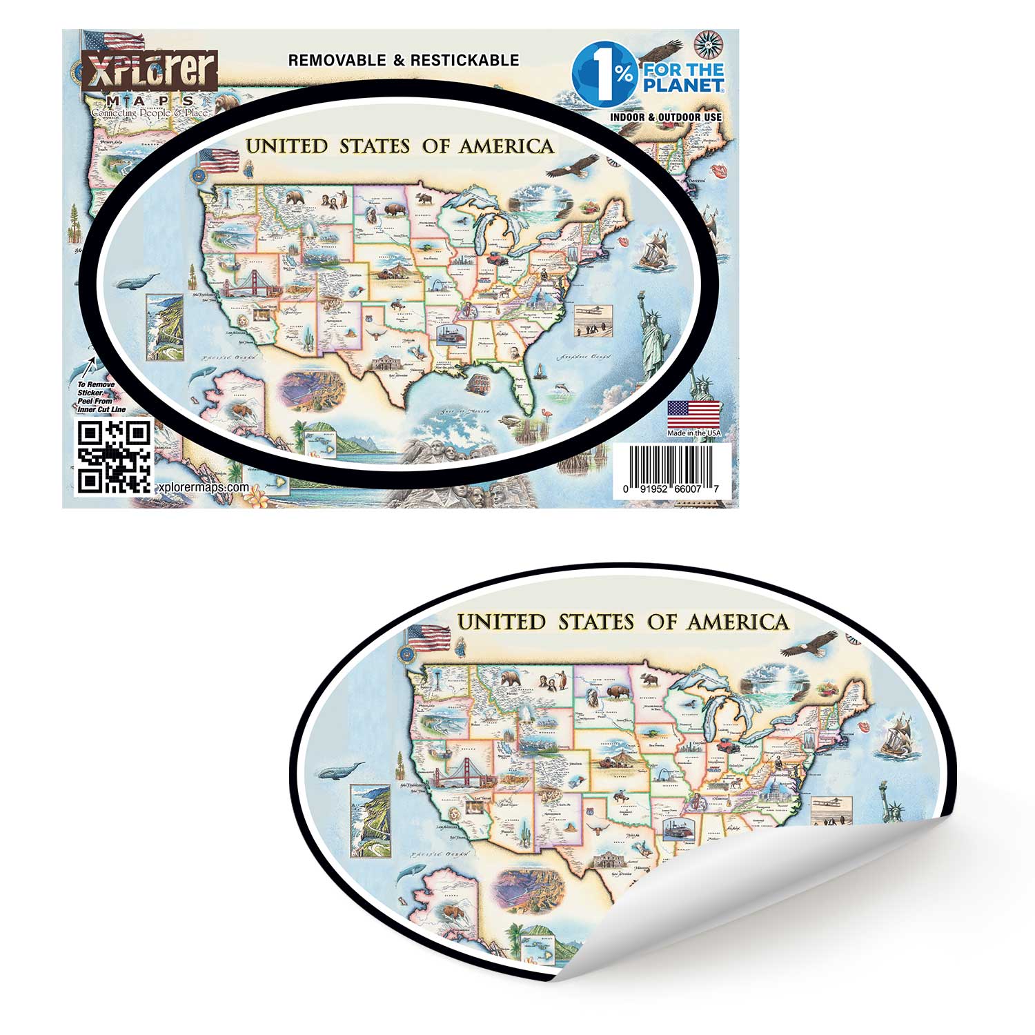 USA Map Sticker by Xplorer Maps. The map features illustrations of significance from each state in the United States of America. Including a bald eagle, Elvis, bison, the Golden Gate Bridge, the Space Needle, Niagara Falls, and the Alamo. 