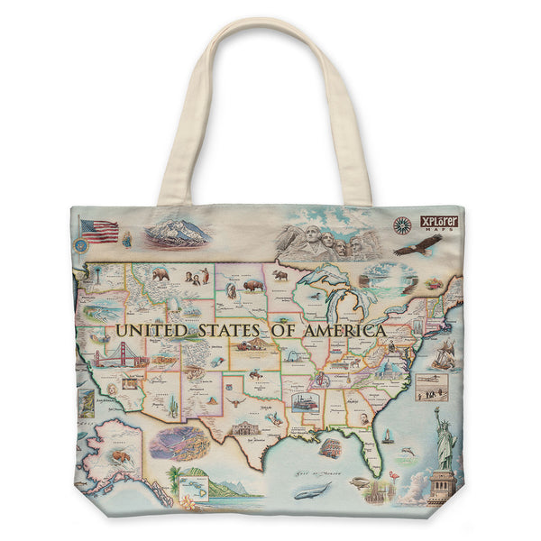 United State of America Map Canvas Tote Bags by Xplorer Maps. The map features illustrations of significance from each state in the United States of America. Including a bald eagle, Elvis, bison, the Golden Gate Bridge, the Space Needle, Niagara Falls, and the Alamo. 