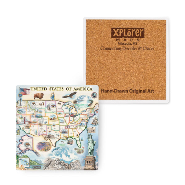 4"x4" USA Map Ceramic Coasters by Xplorer Maps. The map features illustrations of significance from each state in the United States of America. Including a bald eagle, Elvis, bison, the Golden Gate Bridge, the Space Needle, Niagara Falls, and the Alamo. 