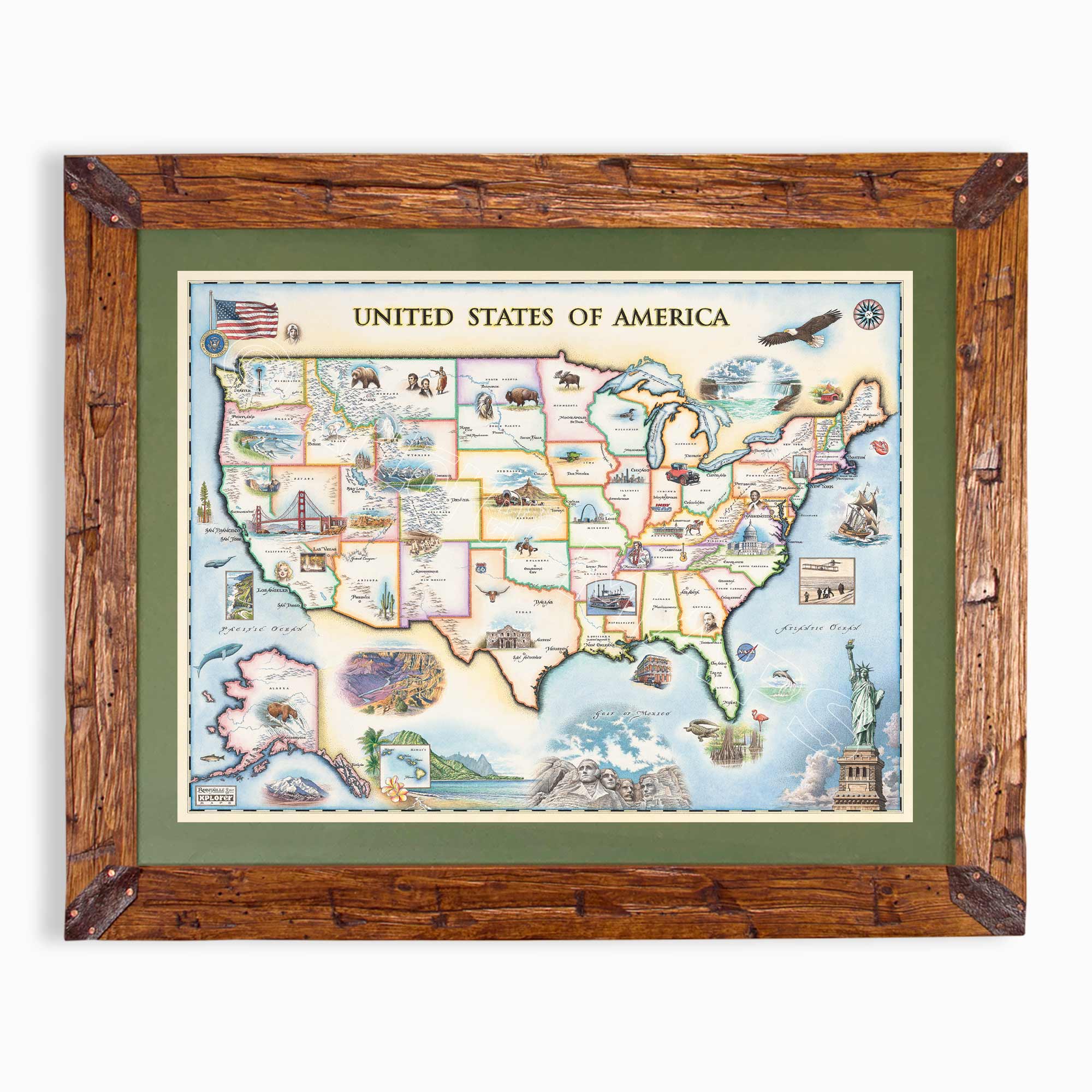 USA hand-drawn map in earth tones blues and greens. The map print is framed in Montana hand-scraped pine with a green mat.