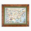 USA hand-drawn map in earth tones blues and greens. The map print is framed in Montana hand-scraped pine with a green mat.
