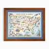 USA hand-drawn map in earth tones blues and greens. The map print is framed in reclaimed Montana Flathead Lake Larch with a blue mat. 