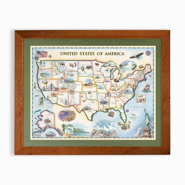 USA hand-drawn map in earth tones blues and greens. The map print is framed in reclaimed Montana Flathead Lake Larch with a green mat.