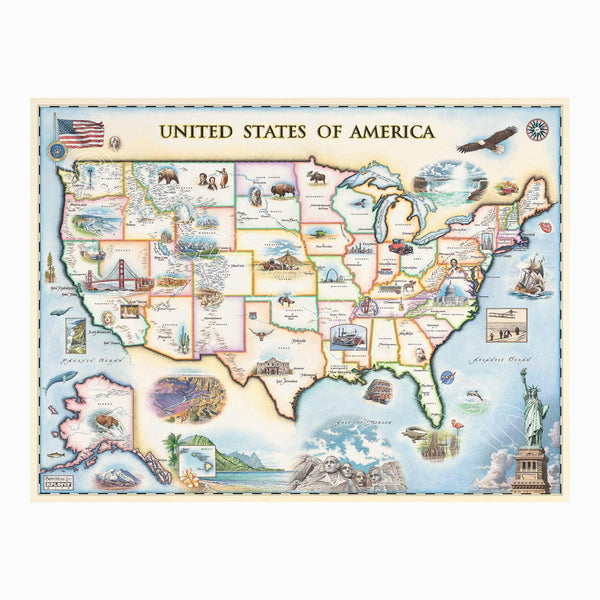 USA hand-drawn map in blue, beige, pink, and purple. The map features illustrations of significance from each state in the United States of America. Including a bald eagle, Elvis, bison, the Golden Gate bridge, the Space Needle, Niagara Falls, and the Alamo. Measures 24x18."