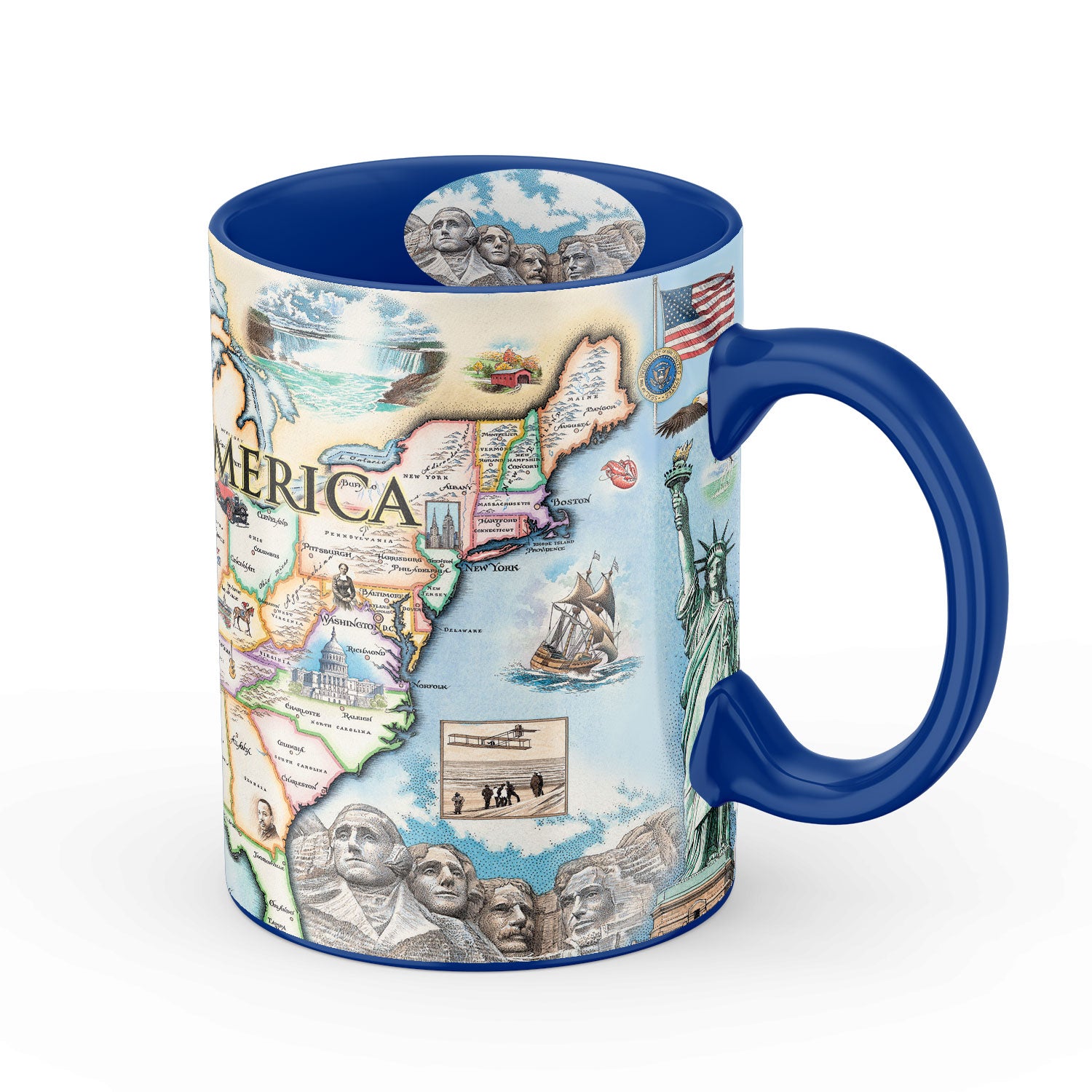 USA Map Ceramic Mug. The map features illustrations of significance from each state in the United States of America. Including a bald eagle, Elvis, bison, the Golden Gate Bridge, the Space Needle, Niagra Falls, and the Alamo. 