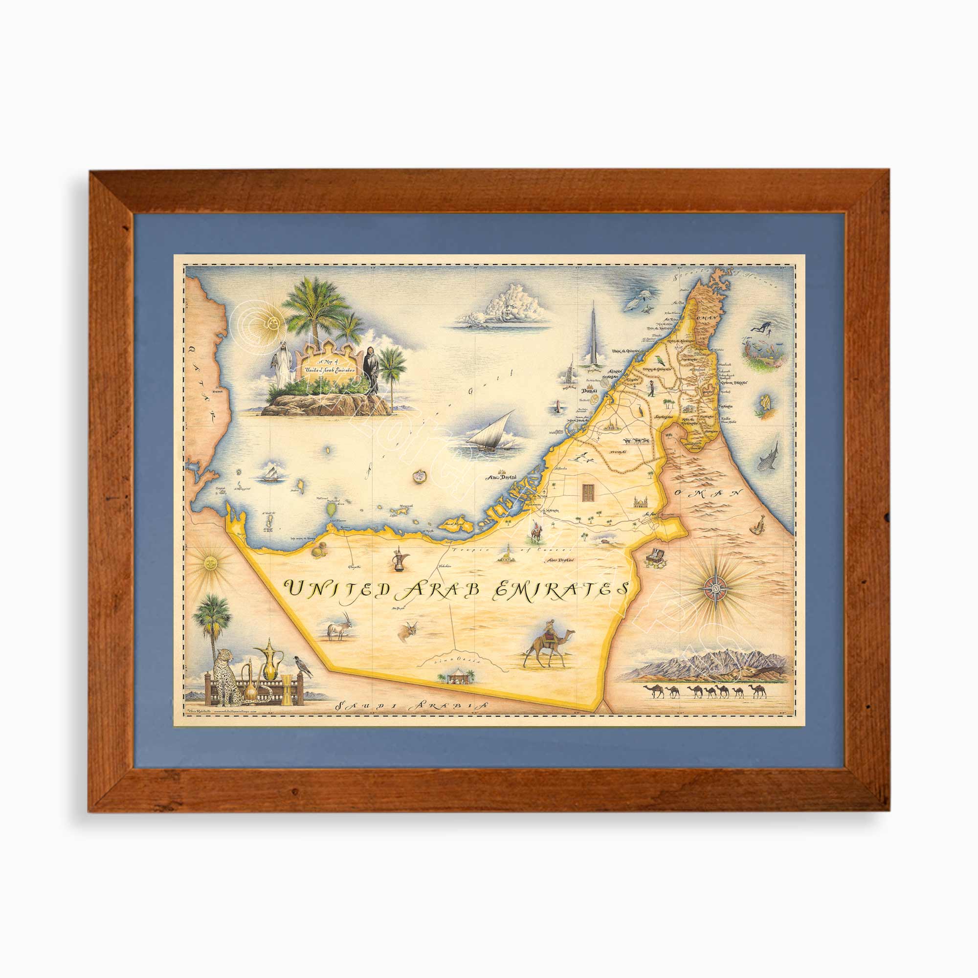 The United Arab Emirates hand-drawn map in earth tones blues and greens. The map print is framed in reclaimed Montana Flathead Lake Larch with a blue mat. 