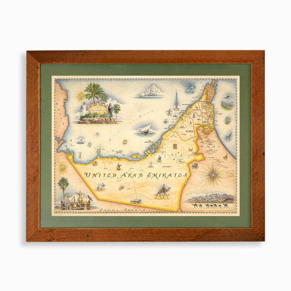 The United Arab Emirates hand-drawn map in earth tones blues and greens. The map print is framed in reclaimed Montana Flathead Lake Larch with a green mat.