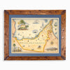 The United Arab Emirates hand-drawn map in earth tones blues and greens. The map print is framed in Montana hand-scraped pine with a blue mat.