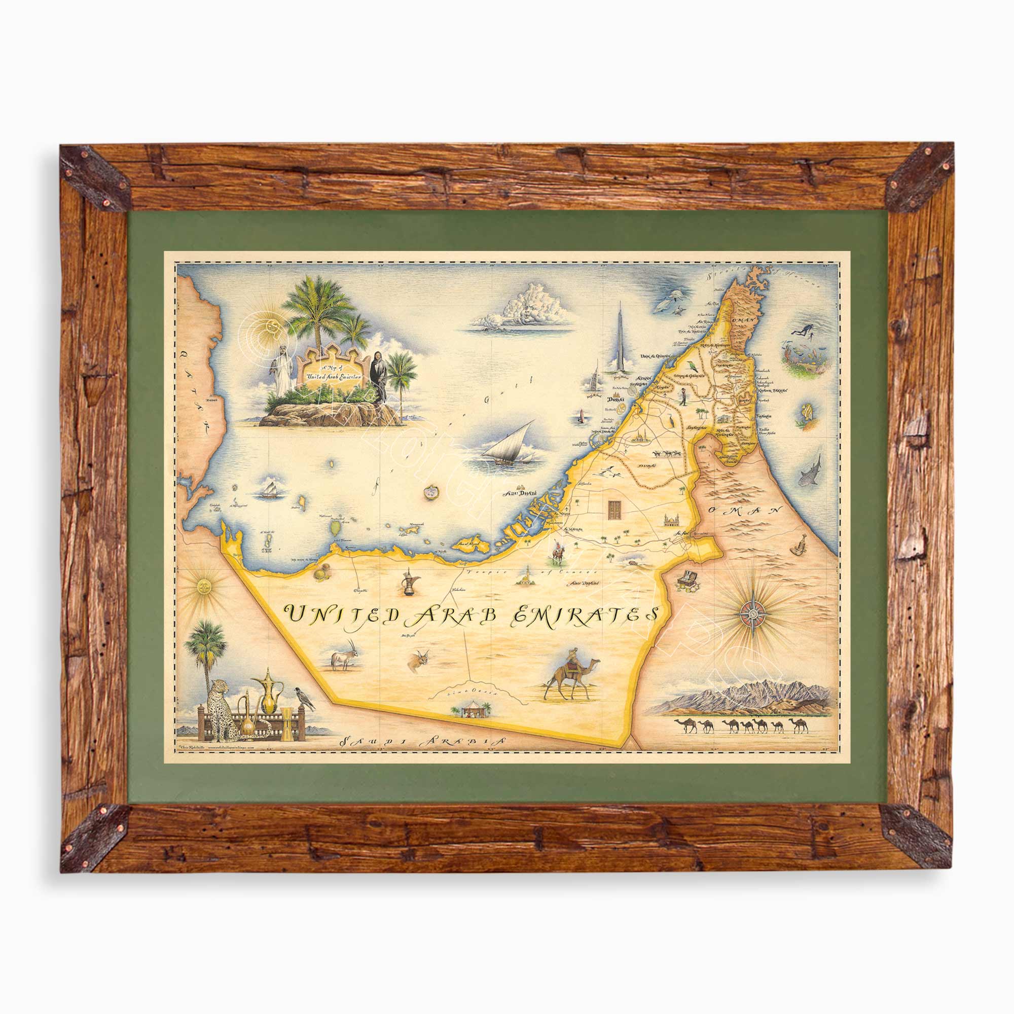 The United Arab Emirates hand-drawn map in earth tones blues and greens. The map print is framed in Montana hand-scraped pine with a green mat.