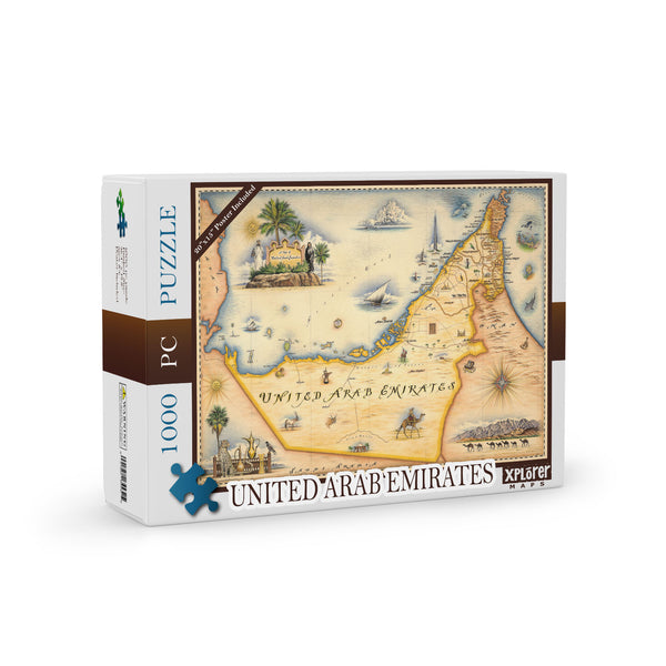 United Arab Emirates Map Jigsaw Puzzle by Xplorer Maps. Features illustrations of Abu Dhabi, Dubai, and Oman. The puzzle also highlights camels, treasures, sharks, fish, boats, and wild horses. 