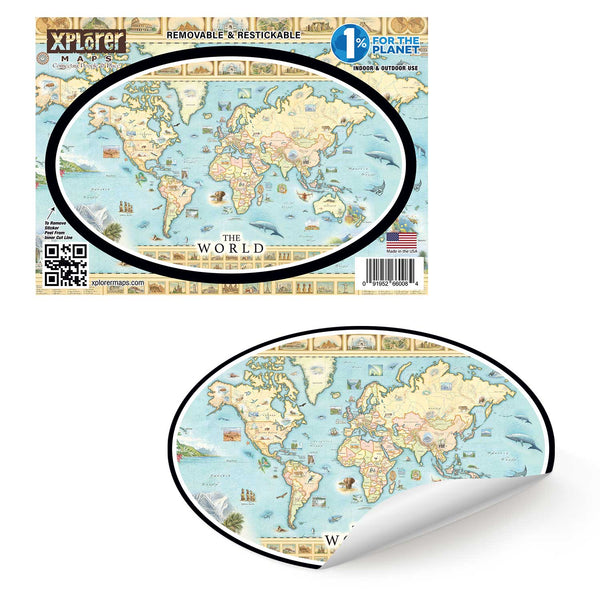 World Map Sticker by Xplorer Maps. The map features the entire world with illustrations of significant places and major flora and fauna. Some places include Machu Pichu, the Eiffel Tower, Mount Everest, and Easter Island.