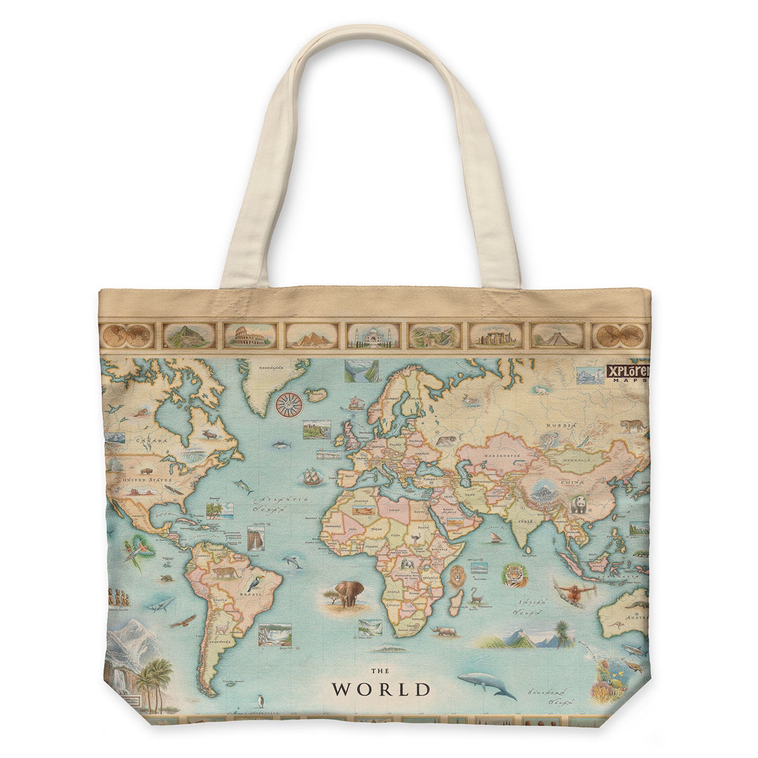 World Map Canvas Tote Bags by Xplorer Maps. The map features the entire world with illustrations of significant places and major flora and fauna. Some places include Machu Pichu, the Eiffel Tower, Mount Everest, and Easter Island.