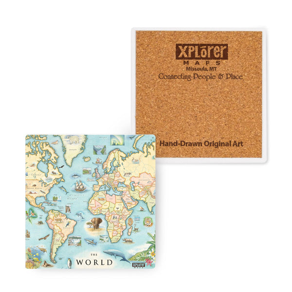 4"x4" World Map Ceramic Coasters by Xplorer Maps. The map features the entire world with illustrations of significant places and major flora and fauna. Some places include Machu Pichu, the Eiffel Tower, Mount Everest, and Easter Island.