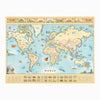 World hand-drawn map in earth tones of beige, blue, and green. The map features the entire world with illustrations of significant places and major flora and fauna. Some places include Machu Pichu, the Eiffel tower, Mount Everest, and Easter Island. Measures 32x24."