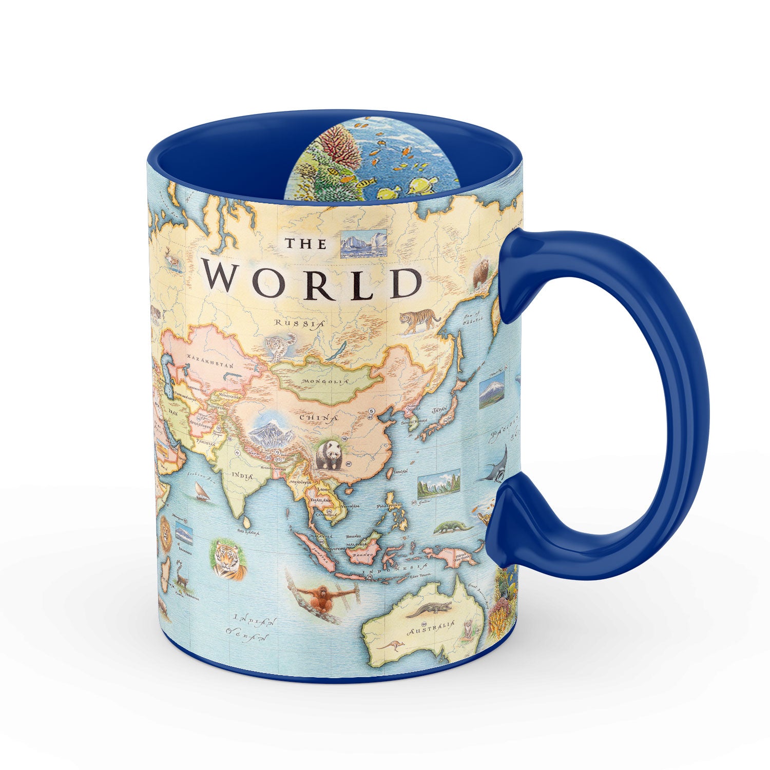 Blue 16 oz World Map Ceramic Mug. The map features the entire world with illustrations of significant places and major flora and fauna. Some places include Machu Pichu, the Eiffel Tower, Mount Everest, and Easter Island. 