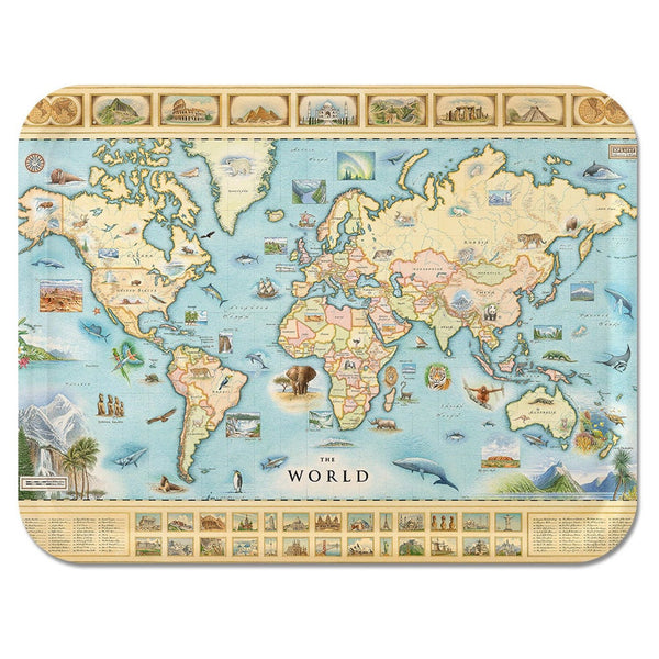 A handcrafted birchwood serving tray featuring a hand-illustrated map of the world by artist Chris Robitaille, with a durable matte melamine finish.