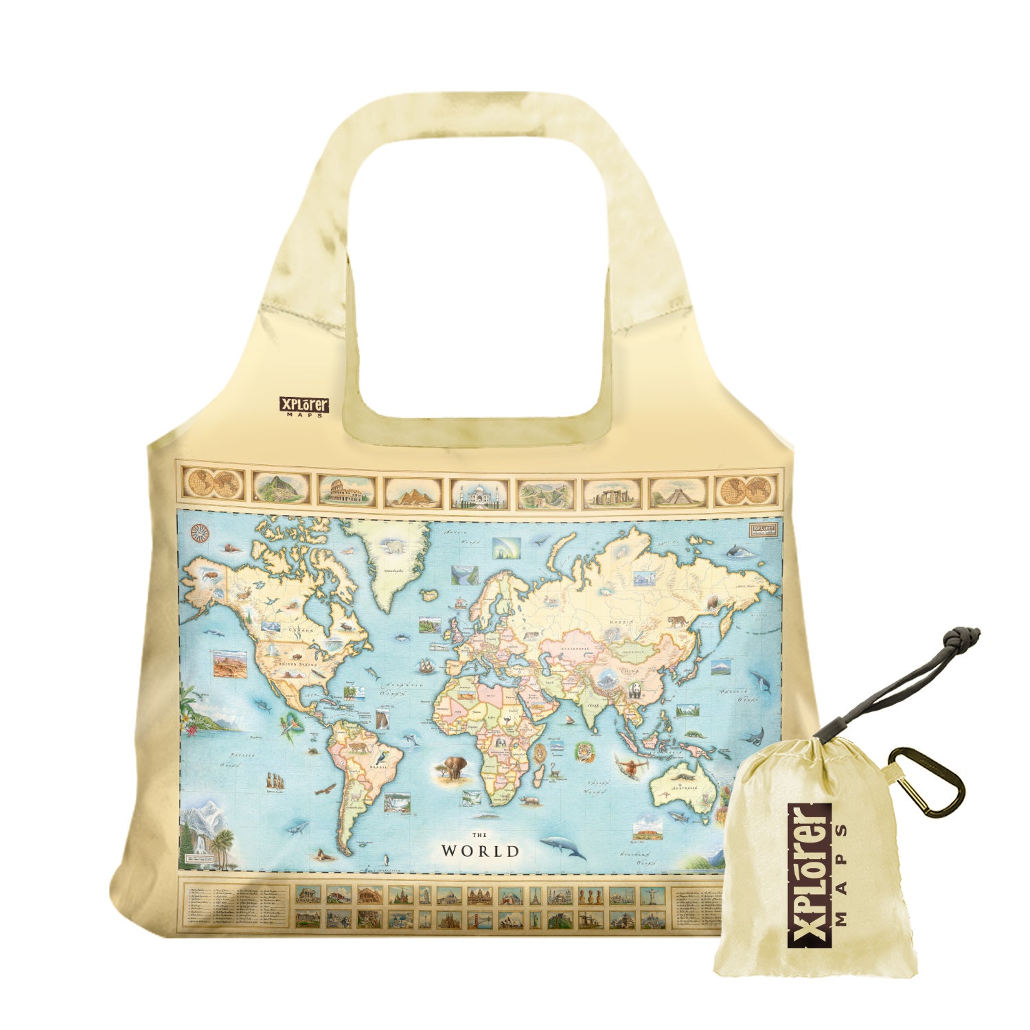 World Map Pouch Tote Bags by Xplorer Maps. The map features the entire world with illustrations of significant places and major flora and fauna. Some places include Machu Pichu, the Eiffel Tower, Mount Everest, and Easter Island.