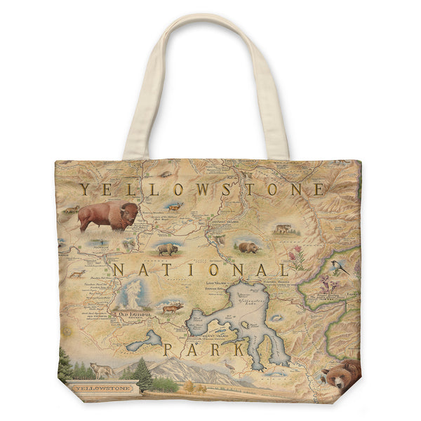 Yellowstone National Park Map Canvas Tote Bags by Xplorer Maps. The map features illustrations of places such as Yellowstone Lake, Old Faithful, and Roosevelt Tower. Flora and fauna include mountain lions, world, grizzly bears, fireweed, and lupine.