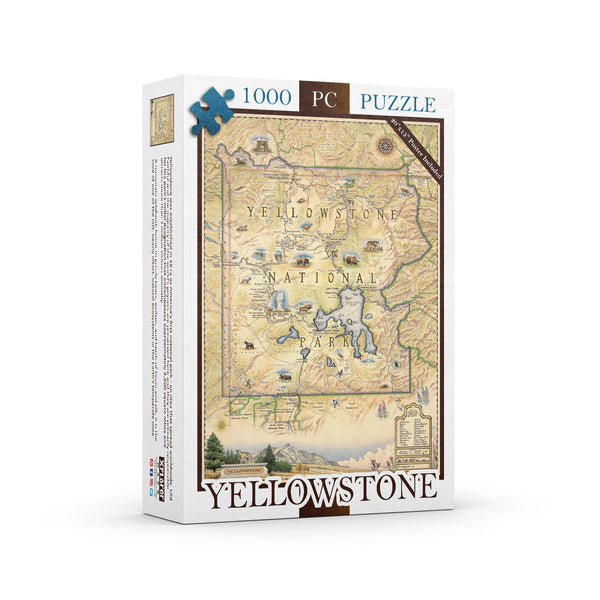 Yellowstone National Park Map Jigsaw Puzzle by Xplorer Maps. Features illustrations of places such as Yellowstone Lake, Old Faithful, and Roosevelt Tower. Flora and fauna include mountain lion, wolf, grizzly bear, fireweed, and lupine.