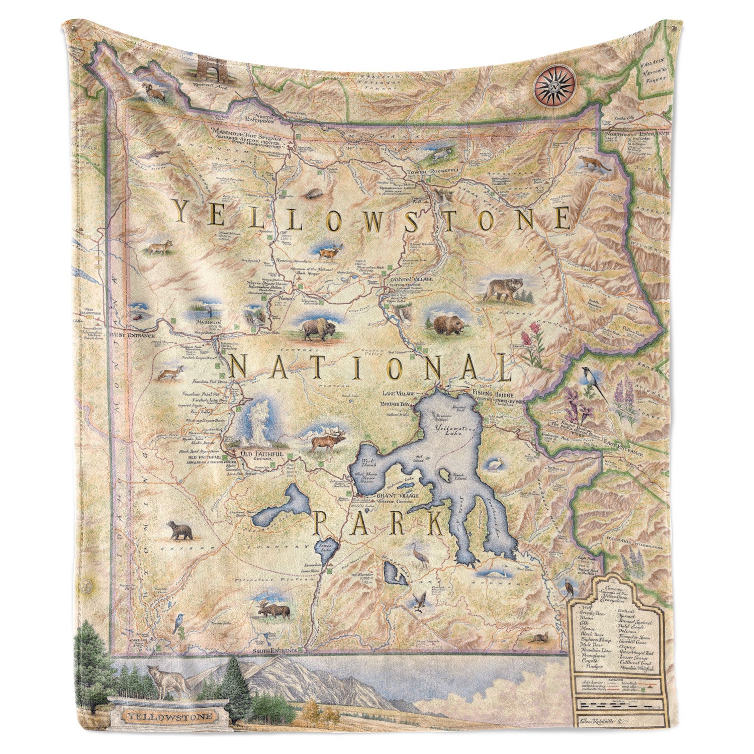 Hanging fleece blanket with artistic map of Yellowstone National Park.