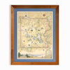 Yellowstone National Park hand-drawn map in earth tones blues and greens. The map print is framed in reclaimed Montana Flathead Lake Larch with a blue mat. 