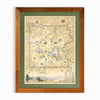 Yellowstone National Park hand-drawn map in earth tones blues and greens. The map print is framed in reclaimed Montana Flathead Lake Larch with a green mat.