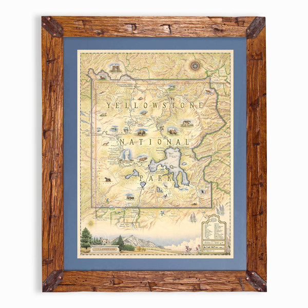 Yellowstone National Park hand-drawn map in earth tones blues and greens. The map print is framed in Montana hand-scraped pine with a blue mat.