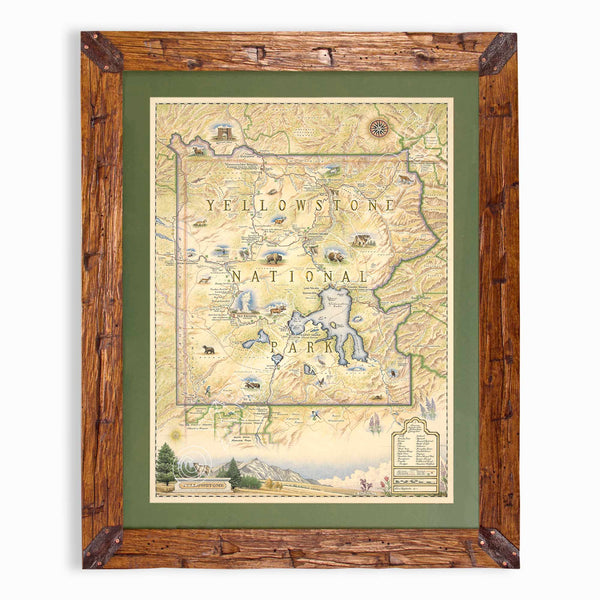 Yellowstone National Park hand-drawn map in earth tones blues and greens. The map print is framed in Montana hand-scraped pine with a green mat.