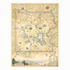 Yellowstone National Park Hand-Drawn Map in earth tones beige and yellow. The map features illustrations of places such as Yellowstone Lake, Old Faithful, and Roosevelt Tower. Flora and fauna include mountain lion, wolf, grizzly bear, fireweed, and lupine. Measures 18x24."